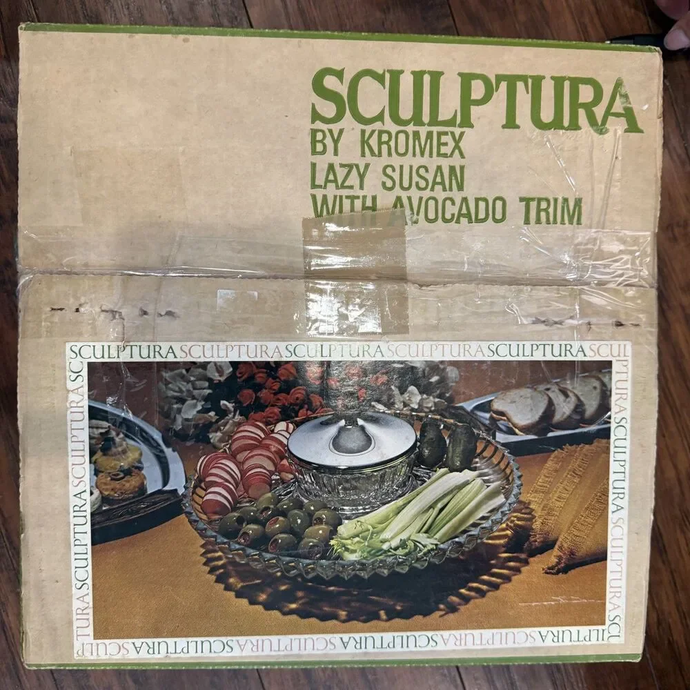 Vtg Kromex Sculptura Lazy Susan w Avocado Trim Chrome Lid Turntable in Box, A2